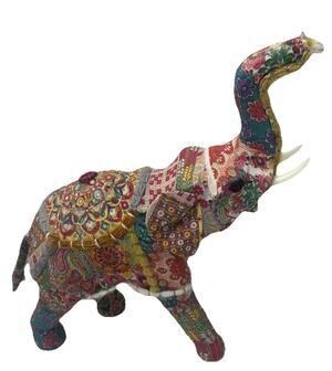 Vtg Colorful Fabric Patchwork Elephant Folk Art Trunk Up Tusk Figurine 13.5” H